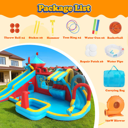Inflatable Bounce House with Double Slide, Water Slide with Jumping Area, 10 in 1 Large Bounce Castle, Splash Pool, Climbing Wall, Toy Stand, Water Cannon, Basketball, Tunnel, Outdoor, Indoor, Blue