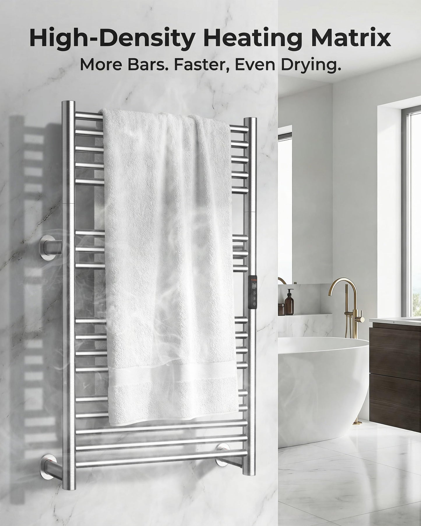 Caldayx High-Density Foldable Heated Towel Rack, Smart Dual-Zone App/Voice Control Towel Warmer Rack, GFCI Plug-in/Hardwired, Wall-Mount, Drill-Free Install, Brushed, CA3-900X550-Ultra-S