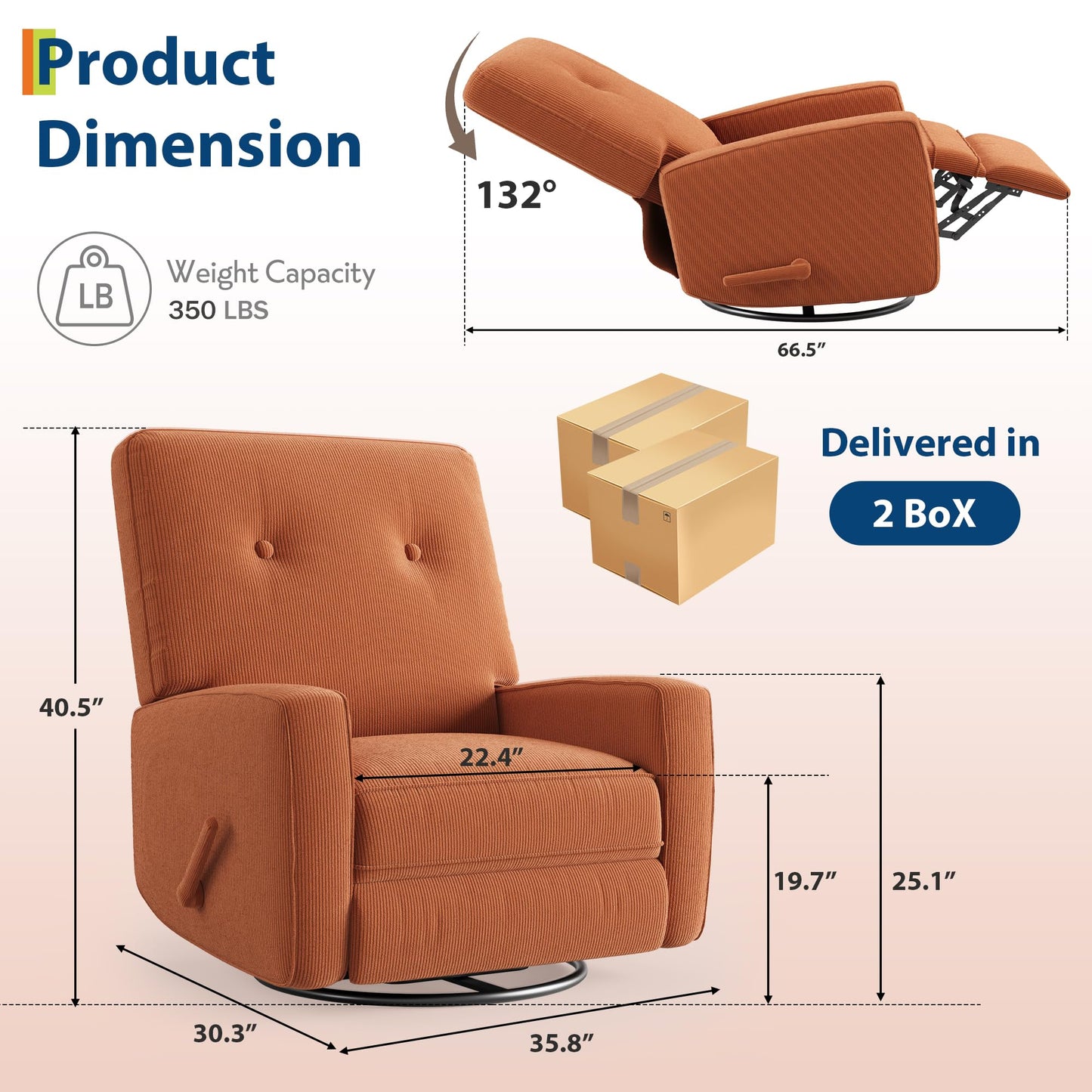 GarveeHome Recliner Chairs, Swivel Rocker Recliner, Glider Recliner Nursery Chair for Adults, 360° Swivel Glider Rocking Chair for Living Room, Bedroom, Office, RV, Small Spaces, Corduroy, Orange