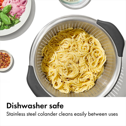 OXO Good Grips Stainless Steel Colander, 5 qt. Capacity, Strainer with Non-Slip Handles, Kitchen Colander for Pasta and Vegetables, Nesting Stainless Steel Strainer and Sieve