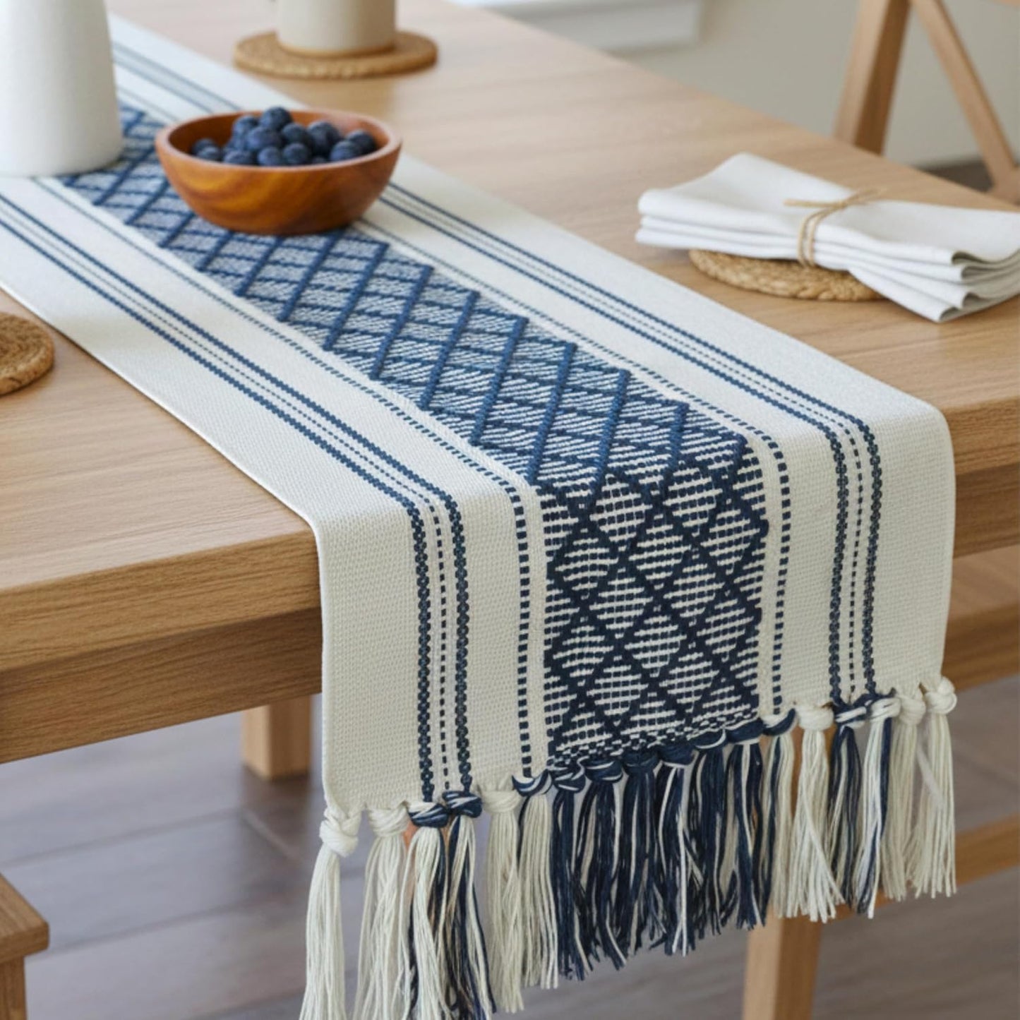 14 72 Inches, Boho Table Runner with Tassel x Blue & Cream, Woven Washable Dresser Scarf and Topper for Bedroom