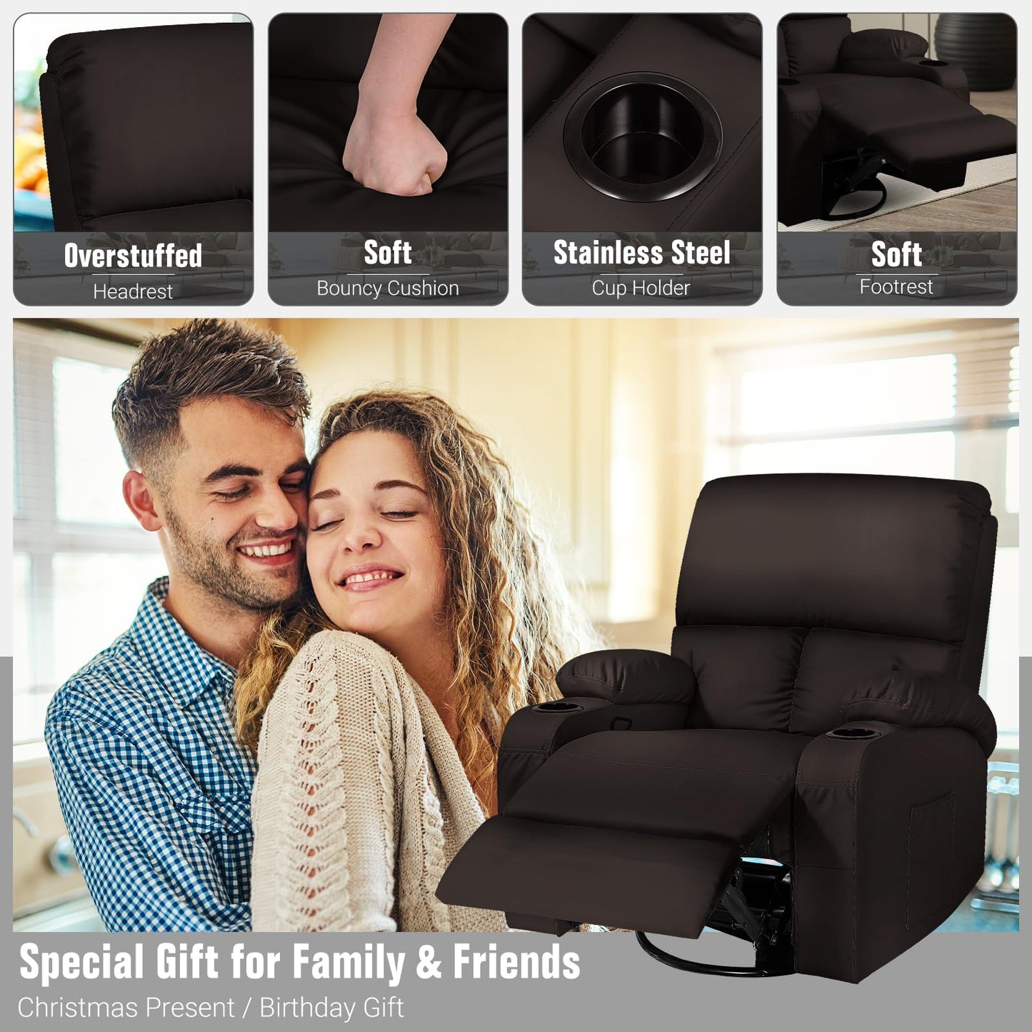 LAFWELL Rocking Recliner Chair, Massage Rocker Recliner Chair with Vibration Massage and Heat,360° Swivel Recliner Chairs, Living Room, Bedroom, Nursery, RV, Brown