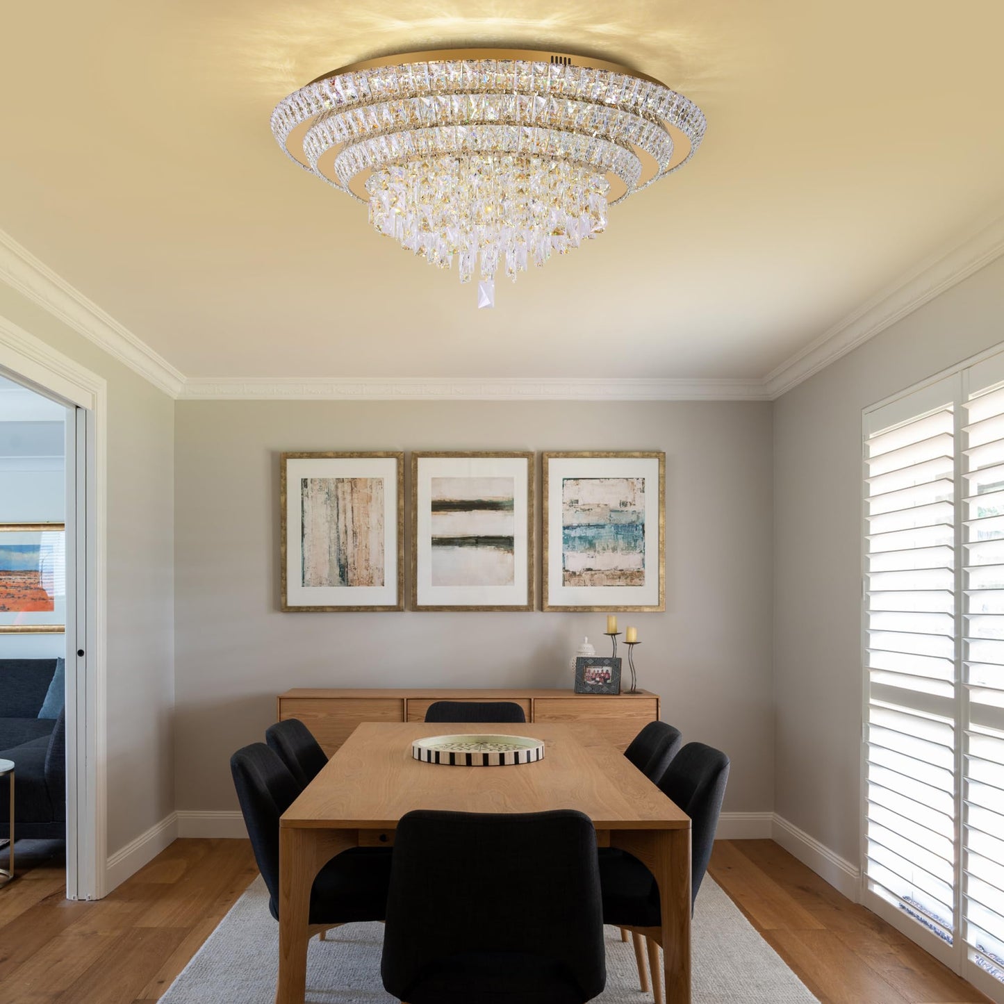 30 inch Crystal Gold Ceiling-Light Flush Mount With Remote Control and APP, 3CCT Dimmable & Brightness Adjustable, Modern Crystal Raindrop Chandeliers for Bedroom Hallway Dinning Room Living Room