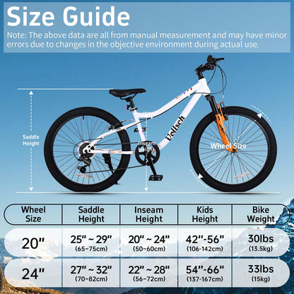vollsch 24 Inch Kids Mountain Bike for 9-15 Years Old Boys Girls Teens 6-Speed Child MTB Bicycle with Front Suspension Fork, White with Orange Fork