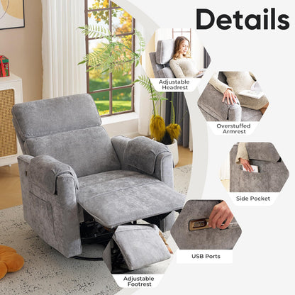 Rhevoy Oversized Power Recliner Chair, 26" Extra Wide Swivel Rocker Recliner with Adjustable Headrest, Chenille Glider Rocking Nursery Chair with Overstuffed Armrest, USB Ports, Grey