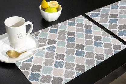 ALAGEO Retro Moroccan Plaid Placemats Set of 6 for Dining Table, Cotton Linen Geometric Quatrefoil Blue Beige Grey