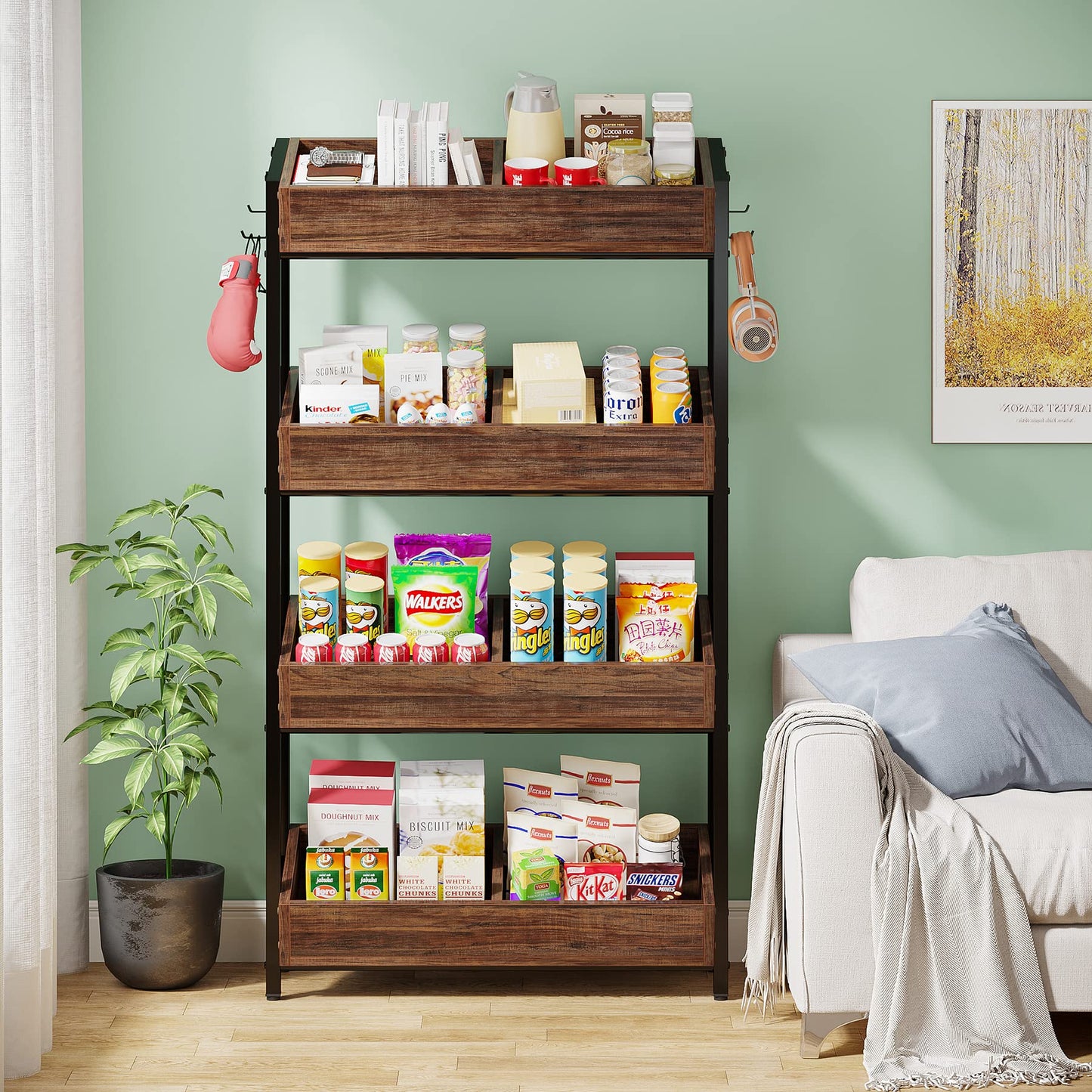 Tribesigns Wood Fruit and Vegetable Basket Stand Rack for Kitchen, Office, Store, Supremarket, Pantry Shelf Unit for Snacks, 4-Tier Wooden Utility Storage Shelves Set of 2 (Brown+Black)