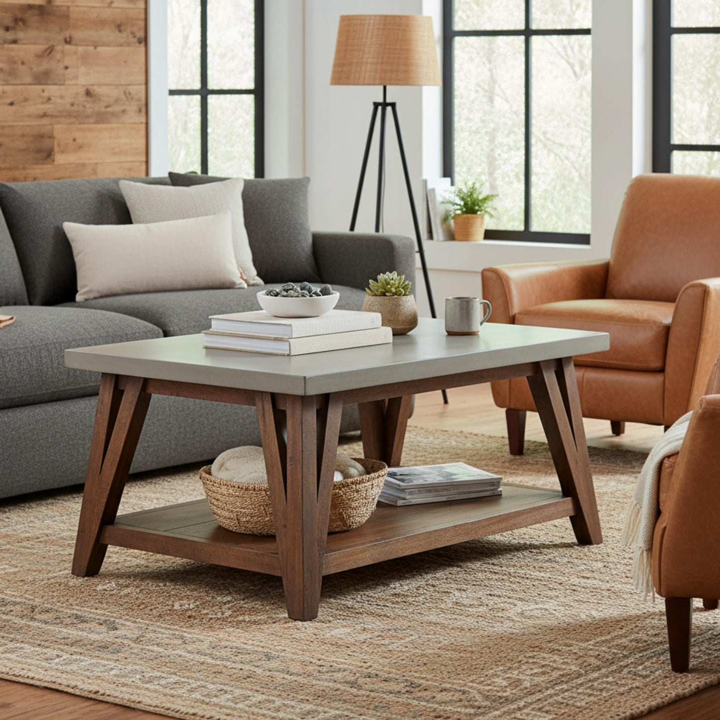 Alaterre Furniture Brookside Coffee Table with Lower Shelf – Modern Rustic Farmhouse 36-Inch Living Room Table with Solid Wood Base and Concrete-Coated Top (Brown and Light Gray)