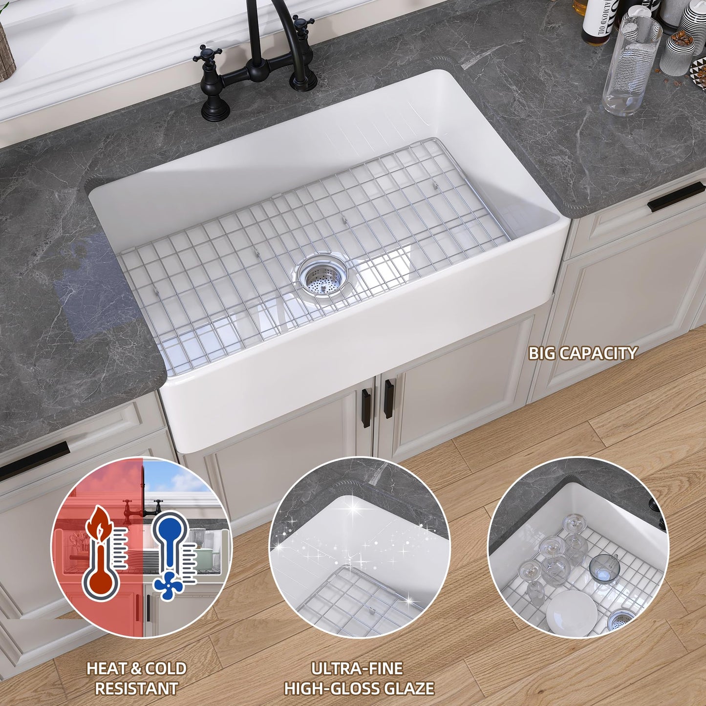 GETPRO White Farmhouse Kitchen Sink 30 inch Fireclay Apron Front Farm Sink Undermount Single Bowl Reversible Farmer House Style Kitchen Basin with Modern Accessories