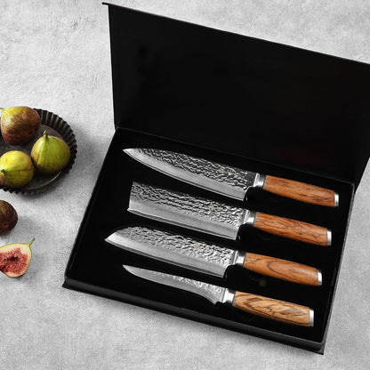 Wakoli Damascus Knife Block Set – 4-Piece Professional Kitchen Knives with Magnetic Block – Kitchen Knife Set made of 67-Layer Damascus Steel Blades & Ergonomic Zebrawood Handles