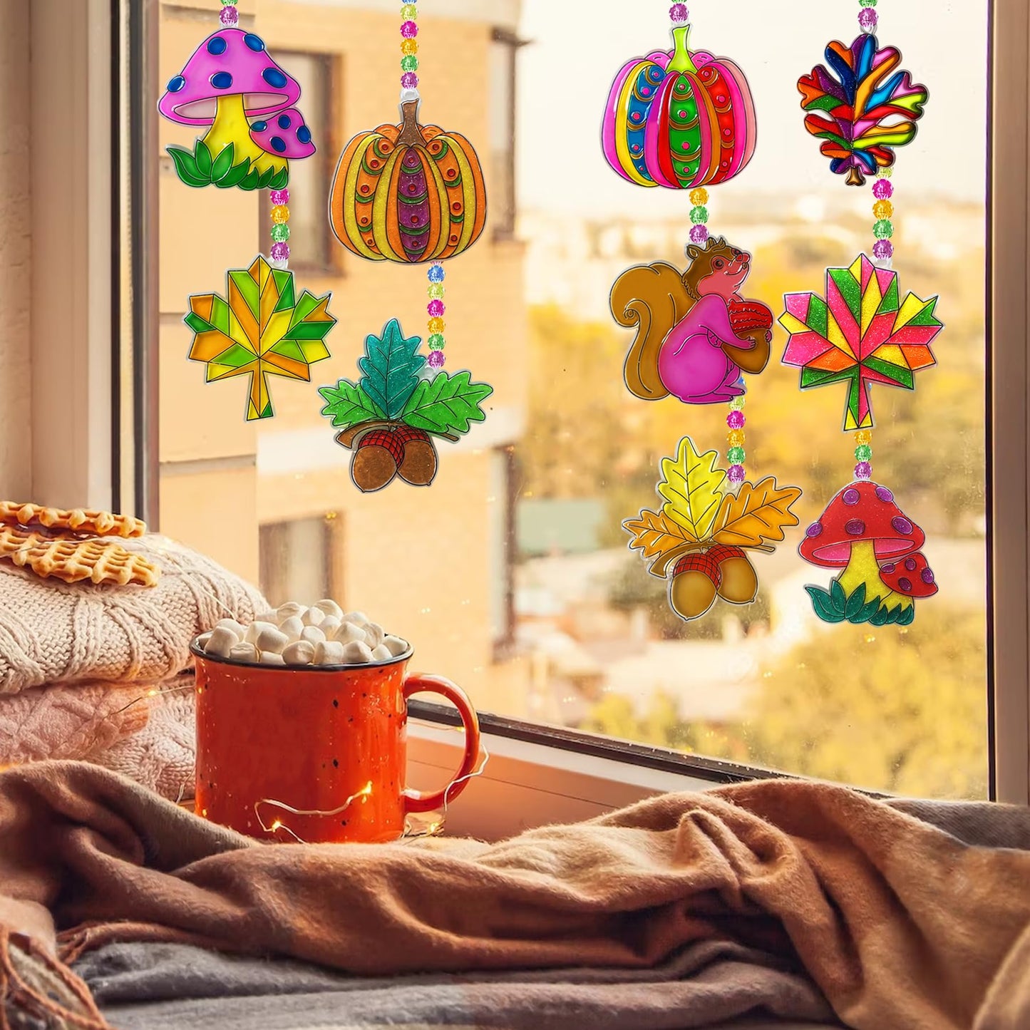 Ayhuhra 30 Sets Fall Leaf Pumpkin Acorn Suncatchers Keychains Craft Kits DIY Window Art Paint Kit Fall Arts and Crafts Maple Leaf Sun Catchers for Seniors Autumn Thanksgiving Art Project
