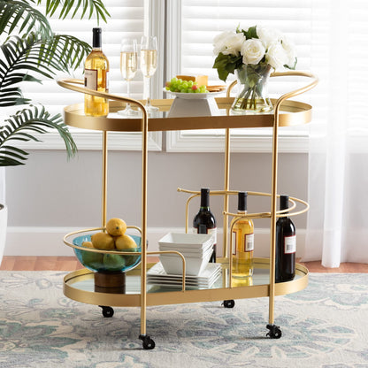 Baxton Studio Kamal Gold Finished Metal and Glass 2-Tier Mobile Wine Bar Cart