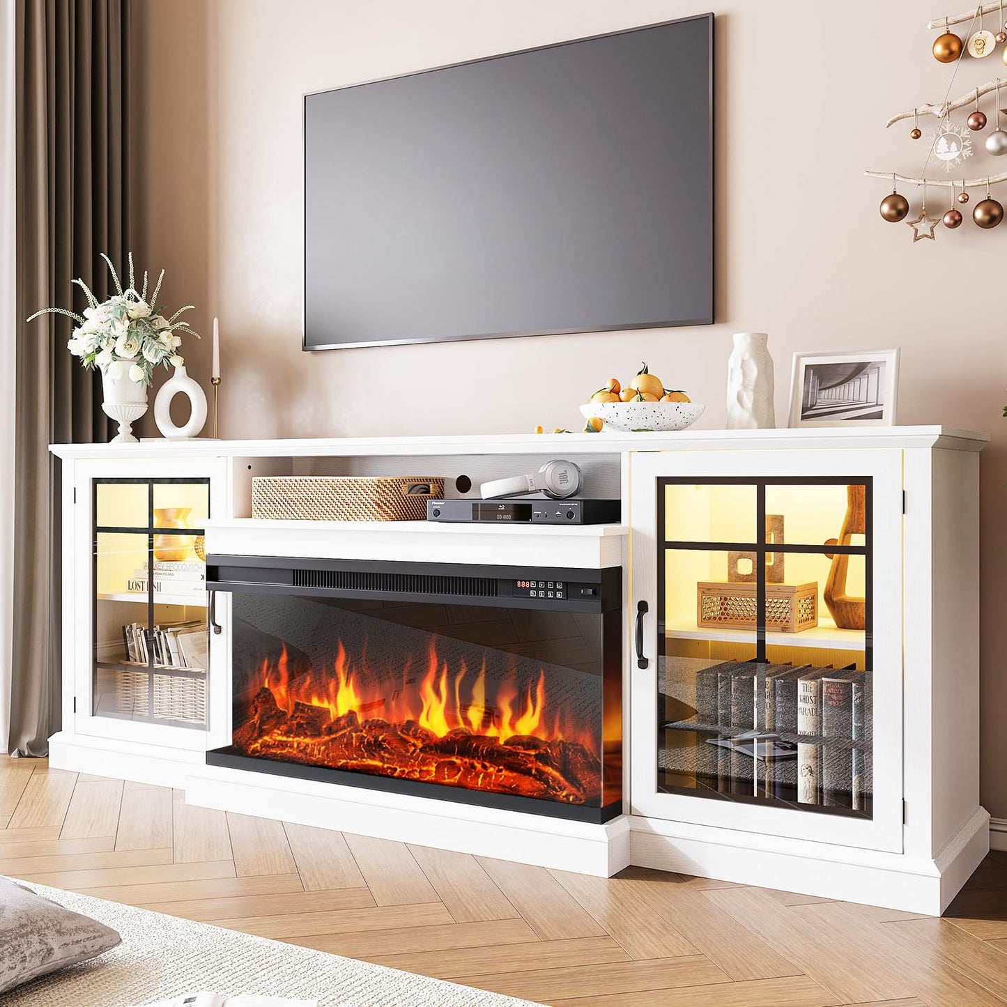 OneBlis 80" Fireplace TV Stand with 3-Sided Glass, TV Cabinet for TVs up to 90", Modern Media Entertainment Center with Farmhouse Glass Door Storage Cabinets, for Living Room, White