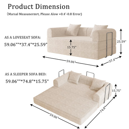 HouseMila 59" Boneless Couch,4-in-1 Futon Sofa Bed Modular Loveseat Sleeper Folding Compressed Couch with Pillows,No Assembly Required Convertible Sofa Bed for Living Room Bedroom Guest Room,Beige
