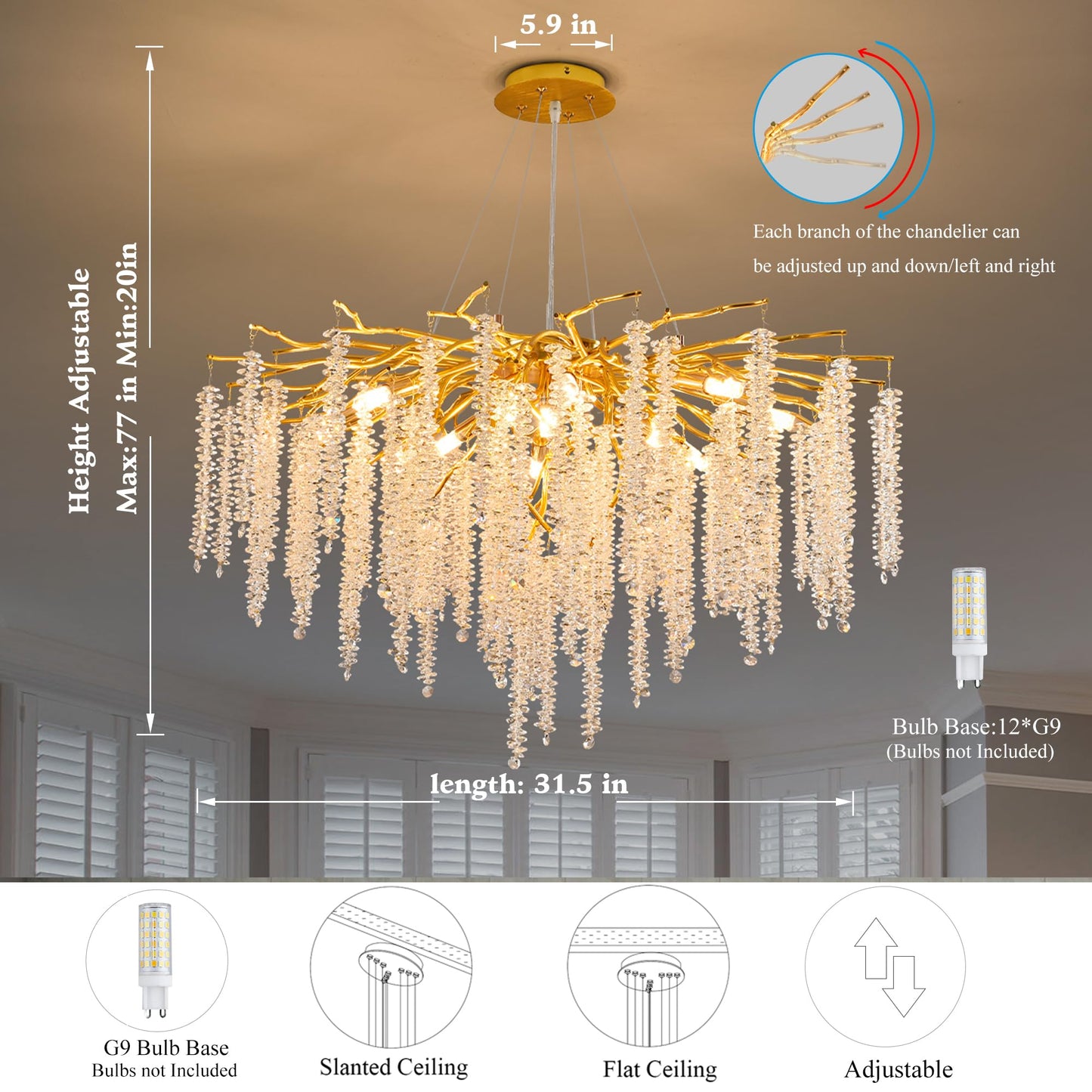 Puvaue Crystal Tree Branches Chandeliers Luxury Round Raindrop Pendant Light Fixture Ceiling Hanging Light for Dining Room Bedroom Living Room Entryway D31.5“ Gold