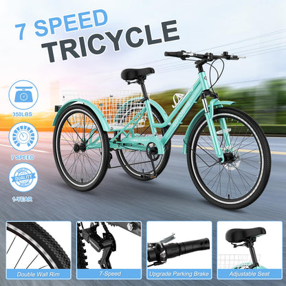 Slsy Adult Mountain Tricycle, 7 Speed Three Wheel Bike, 24/26 Inch Adults Trikes for Seniors with Shopping Basket, Exercise Men's Women's Tricycles