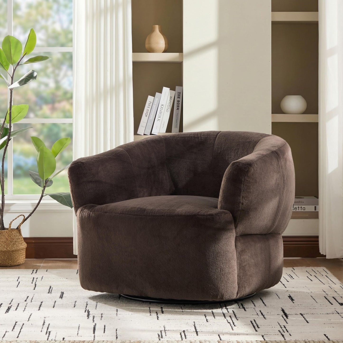 Christopher Knight Home Manie Plush Fabric 360° Swivel Accent Chair, Solid Wood Living Room Swivel Barrel Chair, Rotating Single Lounge Sofa, Comfy Reading Armchair, Dark Brown