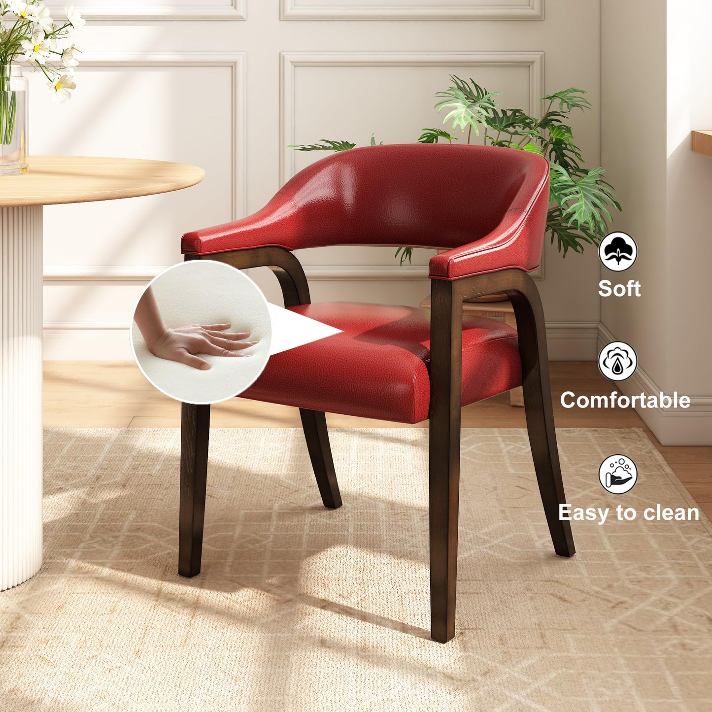 Upholstered Barrel Dining Chair Set of 6, 17.72"H Faux Leather Dining Room Chair with Arms Open-Back Dining Chairs w/ Wood "R" Legs Comfy Accent Side Chairs for Home Kitchen, Wine Red(NO TABLE!)