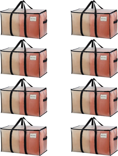 VENO 8 Pack Moving Bags, Heavy Duty Totes with Lids, College Packing Storage Boxes, Extra Large, Sturdy Handles, Zipper