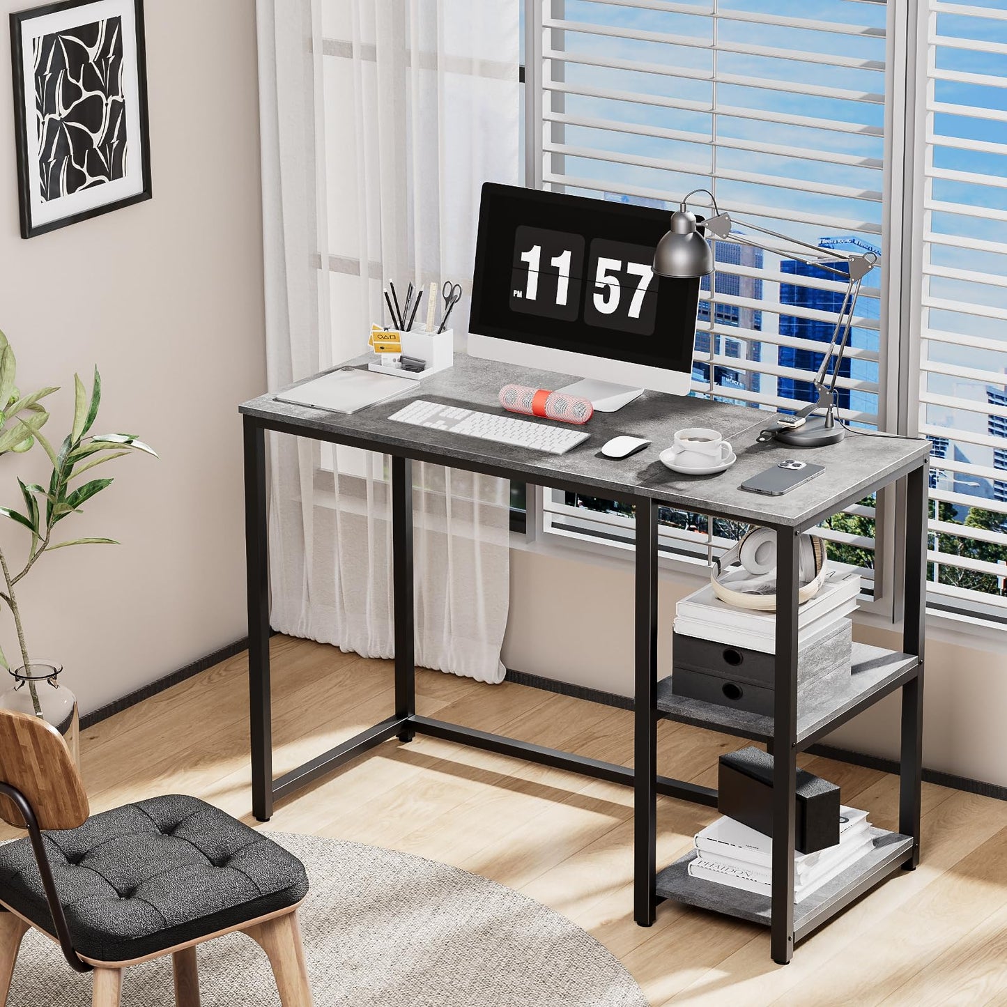 SINPAID Computer Desk 40 inches with 2-Tier Shelves Sturdy Home Office Desks with Large Storage Space Modern Gaming Desk Study Writing Laptop Table, Gray