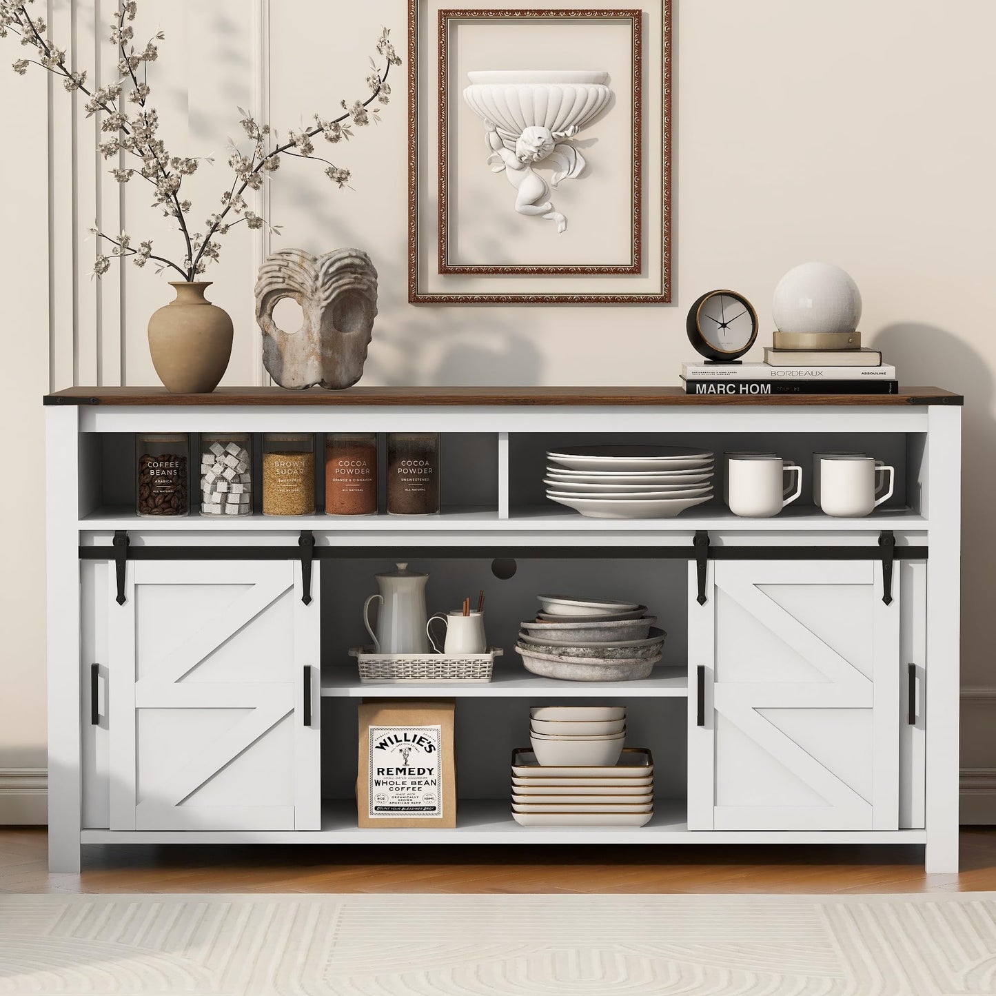 Ball & Cast Farmhouse Sideboard Buffet Cabinet with Storage, 59.3" TV Stand with Sliding Barn Door &Mesh Panel Door, Hallway Console-Tables Rustic Wood Coffee Bar Table for Dining Kitchen, White