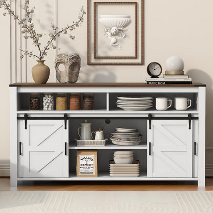 Ball & Cast Farmhouse Sideboard Buffet Cabinet with Storage, 59.3" TV Stand with Sliding Barn Door &Mesh Panel Door, Hallway Console-Tables Rustic Wood Coffee Bar Table for Dining Kitchen, White