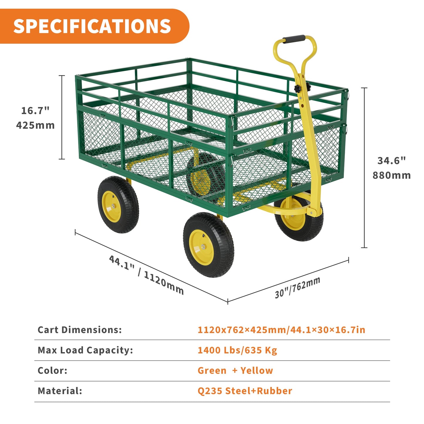 3-in-1 Heavy-Duty Steel Garden Cart, 1400 Lbs Garden Wagon, with 13 Inch All-Terrain Tires and Removable Mesh Side Panels, 180° Rotating Handle, Metal Utility Yard Trailer, Outdoor Gardens Wagon Cart