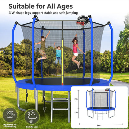 Lyromix Upgraded 8FT Trampoline for Kids and Adults, Large Outdoor Trampoline with Basketball,Stakes, Light, Sprinkler,Basketball Hoop and Net, Capacity for 3-5 Kids and Adults, Royal Blue