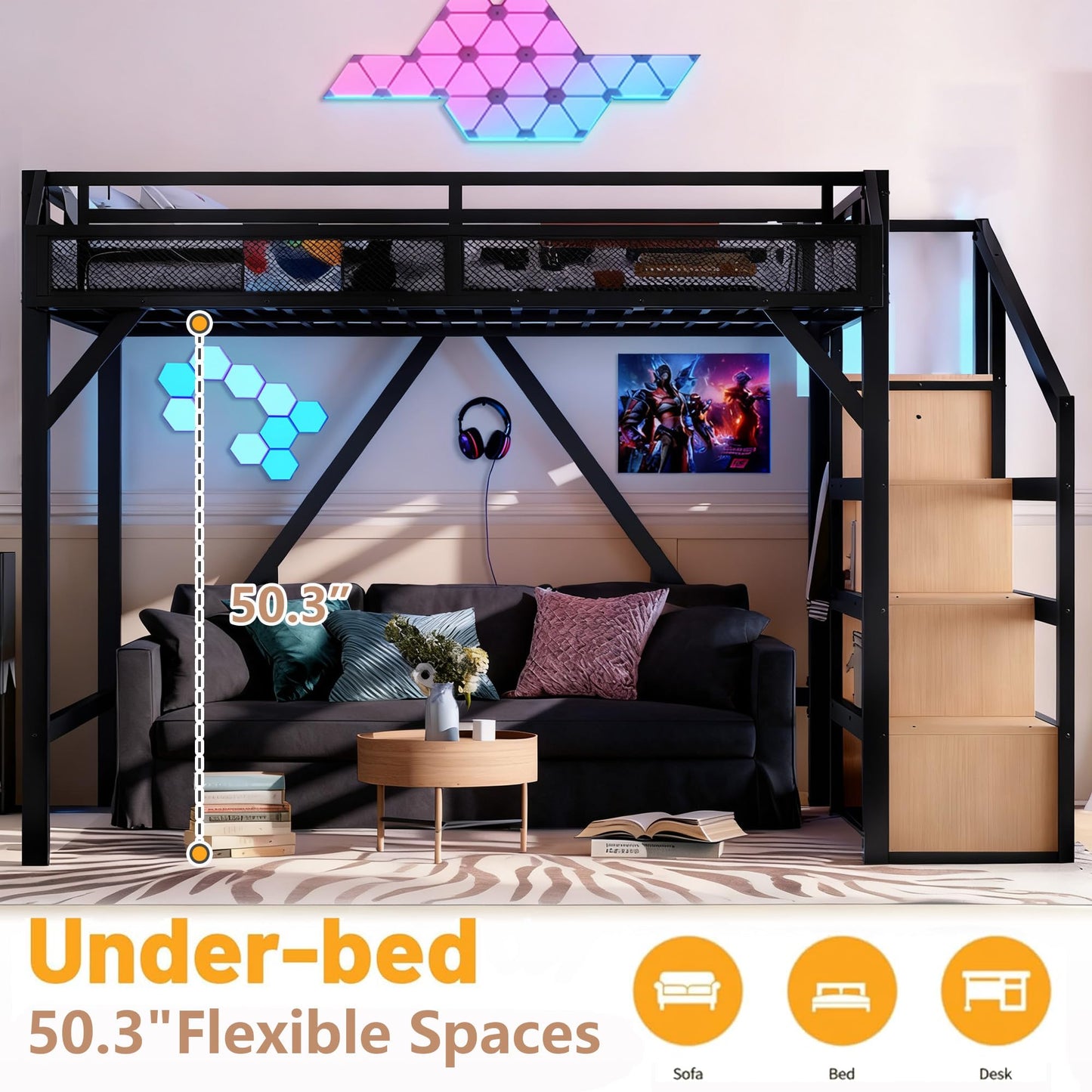 Bellemave Queen Metal Loft Bed with Storage Stairs, Shelves & Wardrobe, Queen Size Loft Bed Frame with LED Lights & USB Ports for Kids Teens, Noise-Reduced Design, Natural Wood