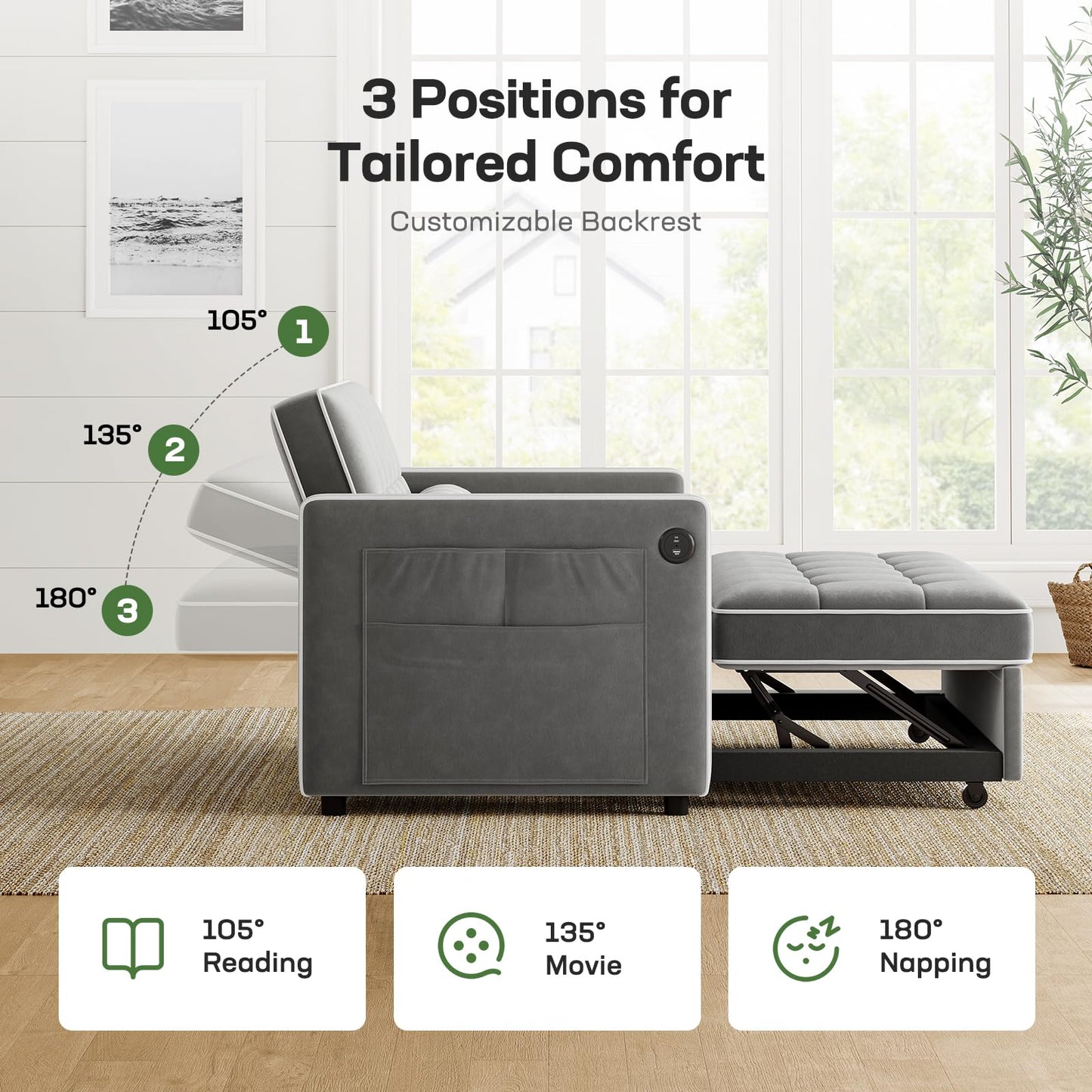 Marsail 3-in-1 Convertible Futon Sleeper Sofa Bed, Pull Out Couch with Adjustable Backrest, USB Charging & Side Pockets, Velvet Fabric Sofa for Living Room, Apartment, Loveseat, Grey