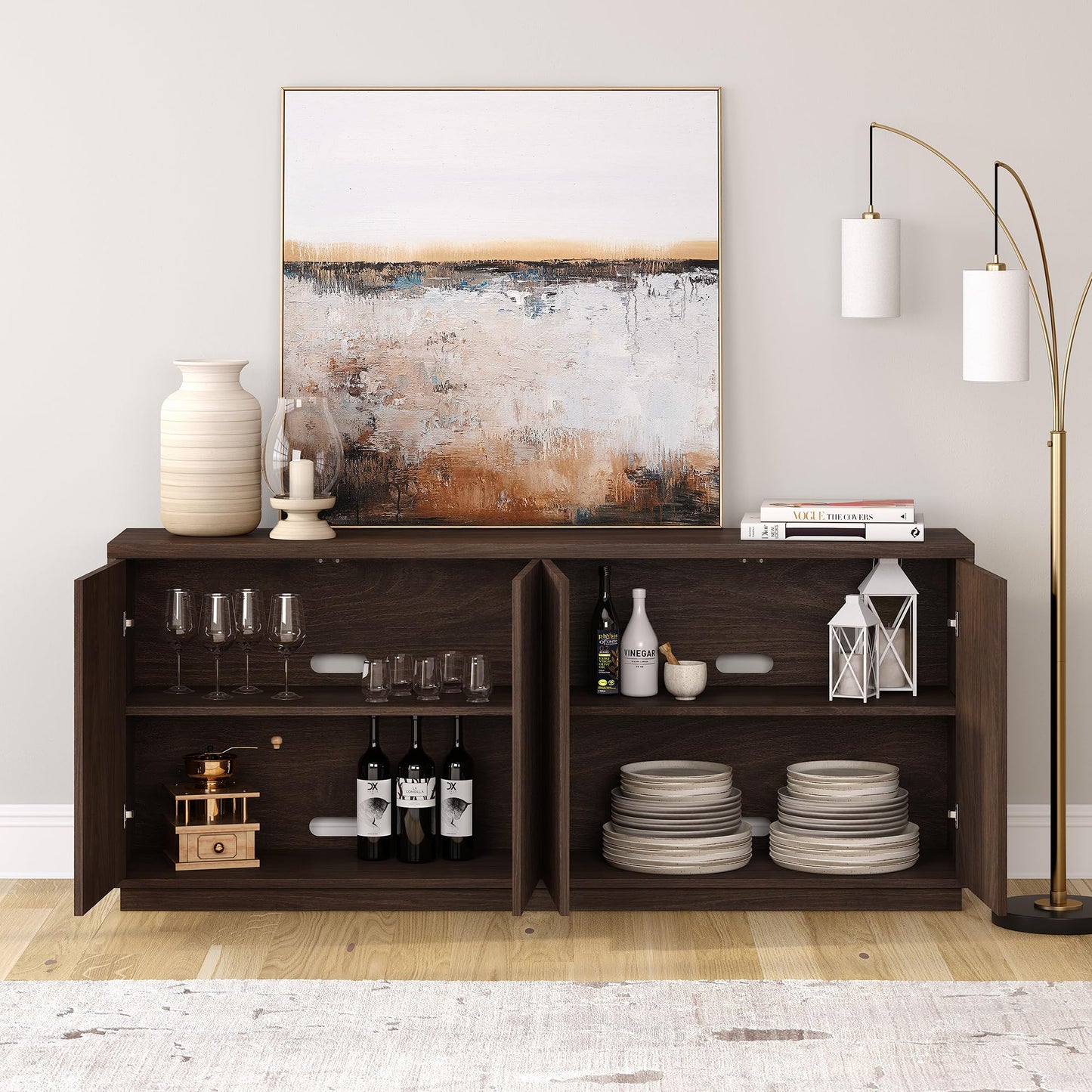 Henn&Hart 68" Fluted Sideboard Buffet Cabinet, Modern Ribbed Wooden Credenza with 4 Doors, Adjustable Shelves, and Cable Management Cut-Outs for Dining Room, Living Room or Entryway, Rich Brown