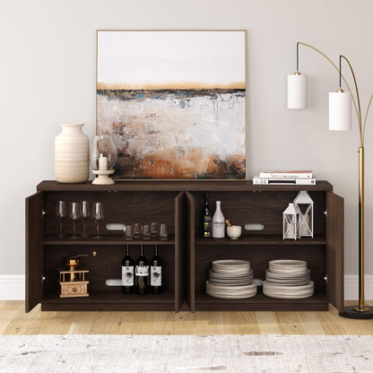 Henn&Hart 68" Fluted Sideboard Buffet Cabinet, Modern Ribbed Wooden Credenza with 4 Doors, Adjustable Shelves, and Cable Management Cut-Outs for Dining Room, Living Room or Entryway, Rich Brown