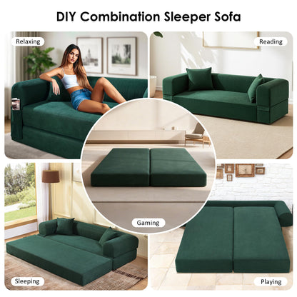 80" Convertible Sofa Bed, 3-in-1 Corduroy Folding Pull Out Couch with Pillows, No Assembly Modern Boneless Couch Compression Sofa in Box, Floor Sofa with Side Storage Pocket for Living Room,Dark Green