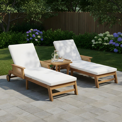 Christopher Knight Home 3-Piece Outdoor Chaise Lounge Chair Set of 2 with Side Table, Acacia Wood Patio Lounge Chairs with Cushion & Wheels, 3-Position Adjustable Beach Backyard Furniture, Beige/Teak
