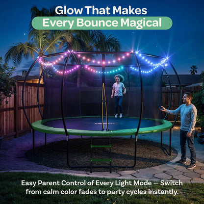 JoyBerri Trampoline Outdoor - Upsurge ASTM Certified Safe 8Ft 10Ft 12Ft 14Ft 15Ft 16Ft Recreational Trampoline for Kids and Adults. Anti-Rust Coating with Enclosure Net, Ladder, Sprinkler & LED Lights