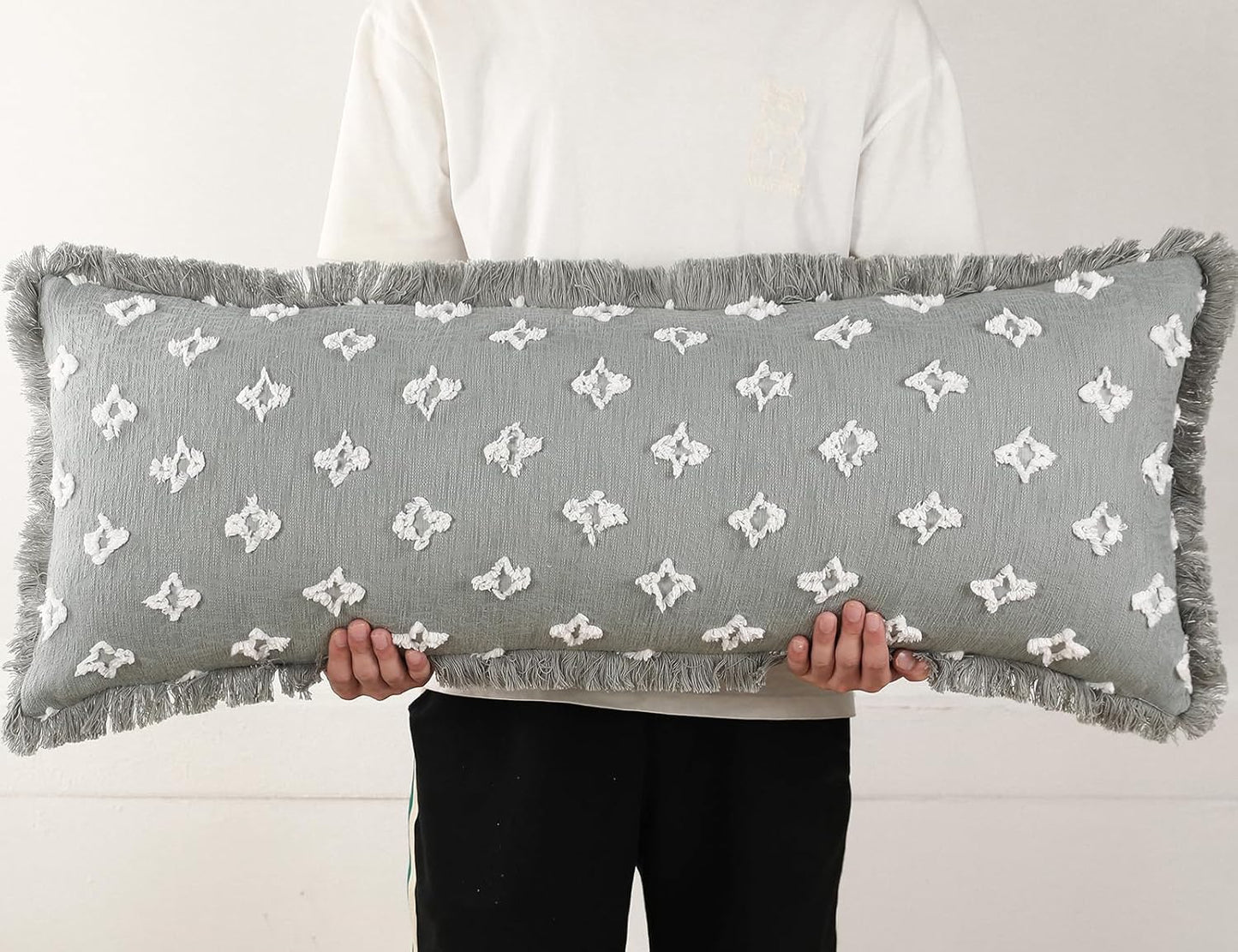 14x36 Fringe,3D Boho Long Lumbar Pillow Cover with Tassel Flower Patterned Extra Decorative Long Lumbar Pillow Cover