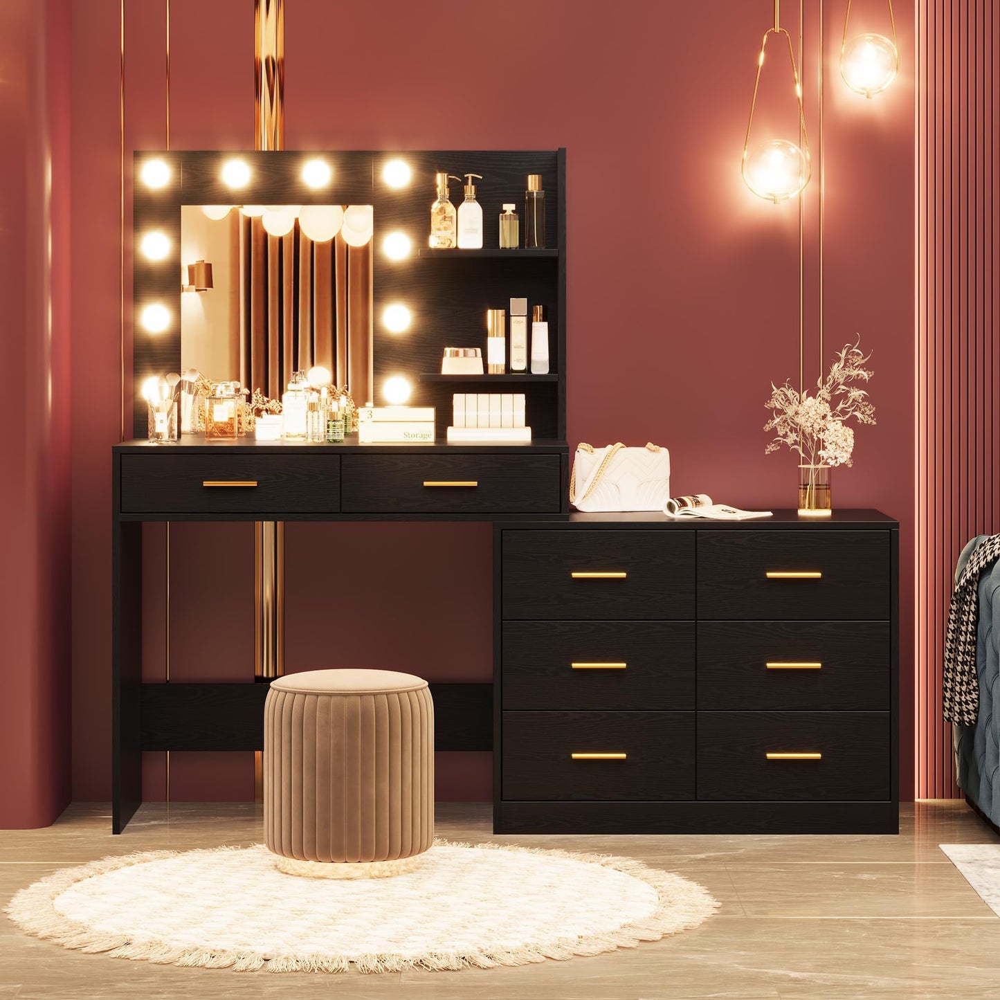 Vanity Desk Table with Lighted Mirror 45.6“ Girls Makeup Vanity with Power Outlet, 3 Colors Lighting Adjustable,8 Stroge Drawers, Brightness Vanity Table for Women Bedroom Dressing Room