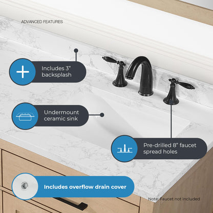 OVE Decors Athea 60 in. Double Sink Freestanding Sahara Birch Bathroom Vanity with White Engineered Marble Top, Matching Backsplash and Power Bar