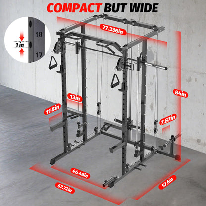Garvee Power Cage, Smith Machine Squat Rack, Heavy Duty Power Rack for Home Gym with Pulley System, Dip Bar, LAT Pulldown, Multifunctional Squat Rack for Home Gym