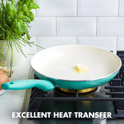 GreenPan Rio Healthy Ceramic Nonstick Frying Pan Skillet, 10", PFAS-Free, Dishwasher Safe, Turquoise