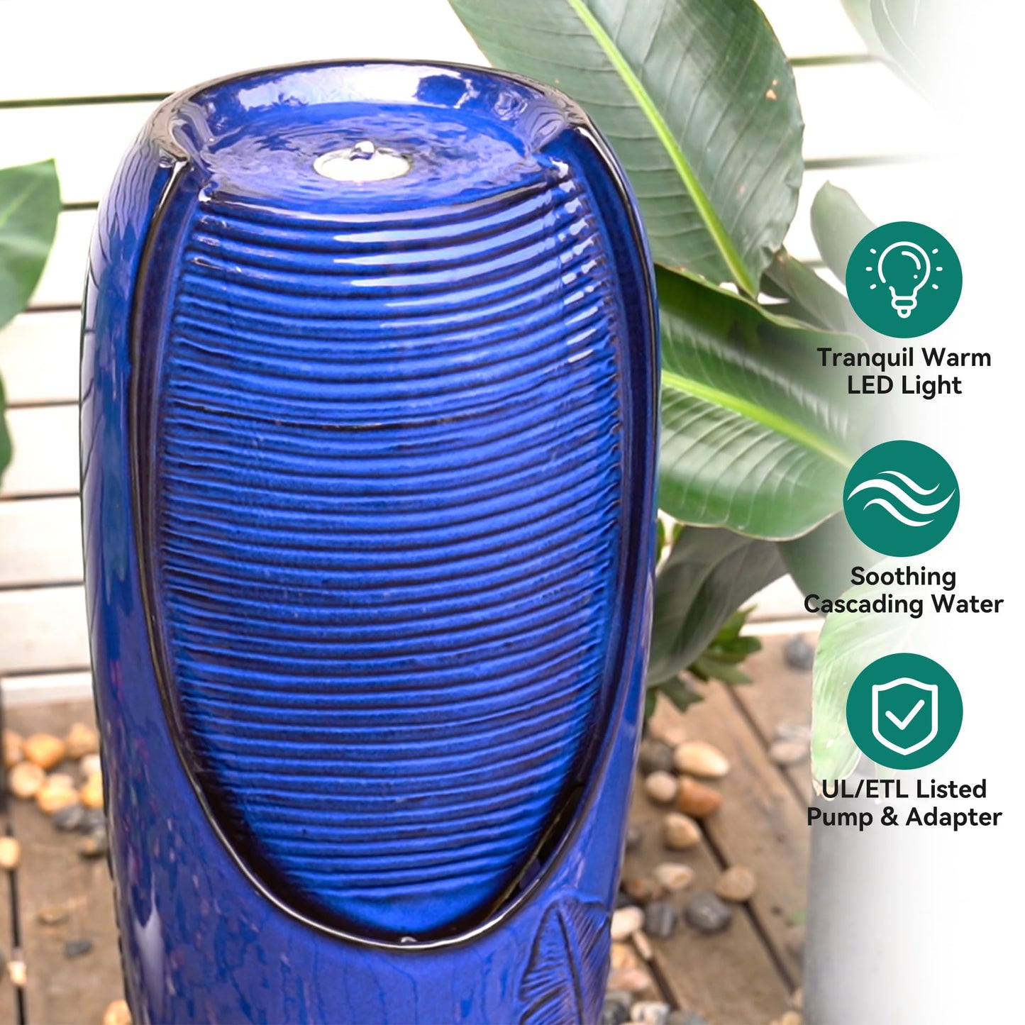 Autodaya 33" H Outdoor Garden Fountain with LED Lights, Modern Ceramic Jar Water Fountain, 3D Tropical Leaf Pattern, Cobalt Blue Glaze, Soothing Cascading Waterfall for Relaxing Patio, Yard, Porch