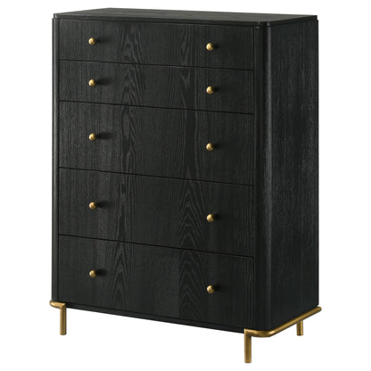 Coaster Home Furnishings - Arini - Wood - 5-Drawer Chest with Rounded Corners, Gold Knobs, Hidden Drawer and Wire-Brushed Finish - Coastal - Bedroom - Black - 224335