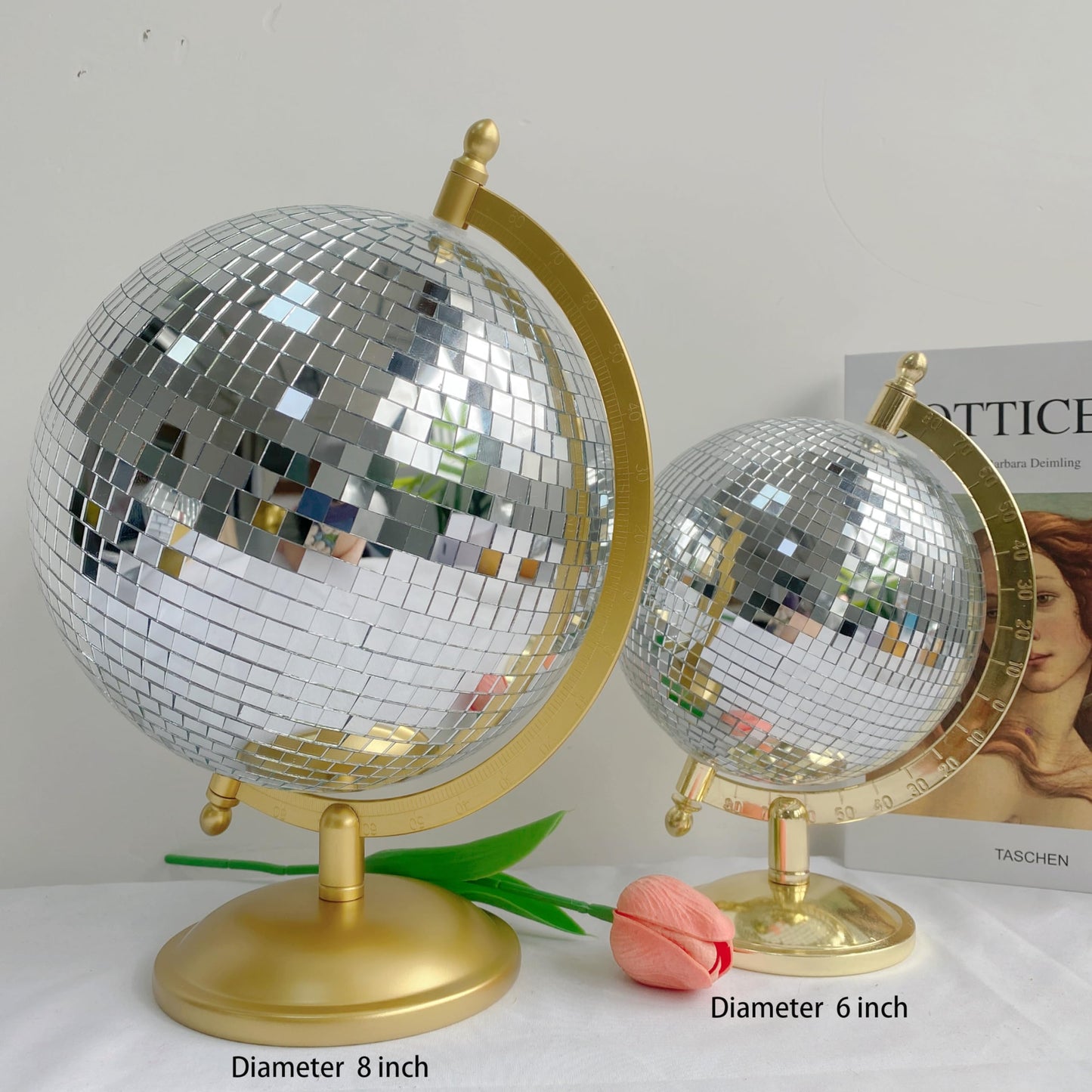MFGDISCO Disco Ball Globe, Home Decor Statues, Classic Tabletop Art Sculpture with Metal Base, Discoball Unique Western Modern Decorative Aesthetic Sculptures, 8.5" x 8" x 12", Bright Gold