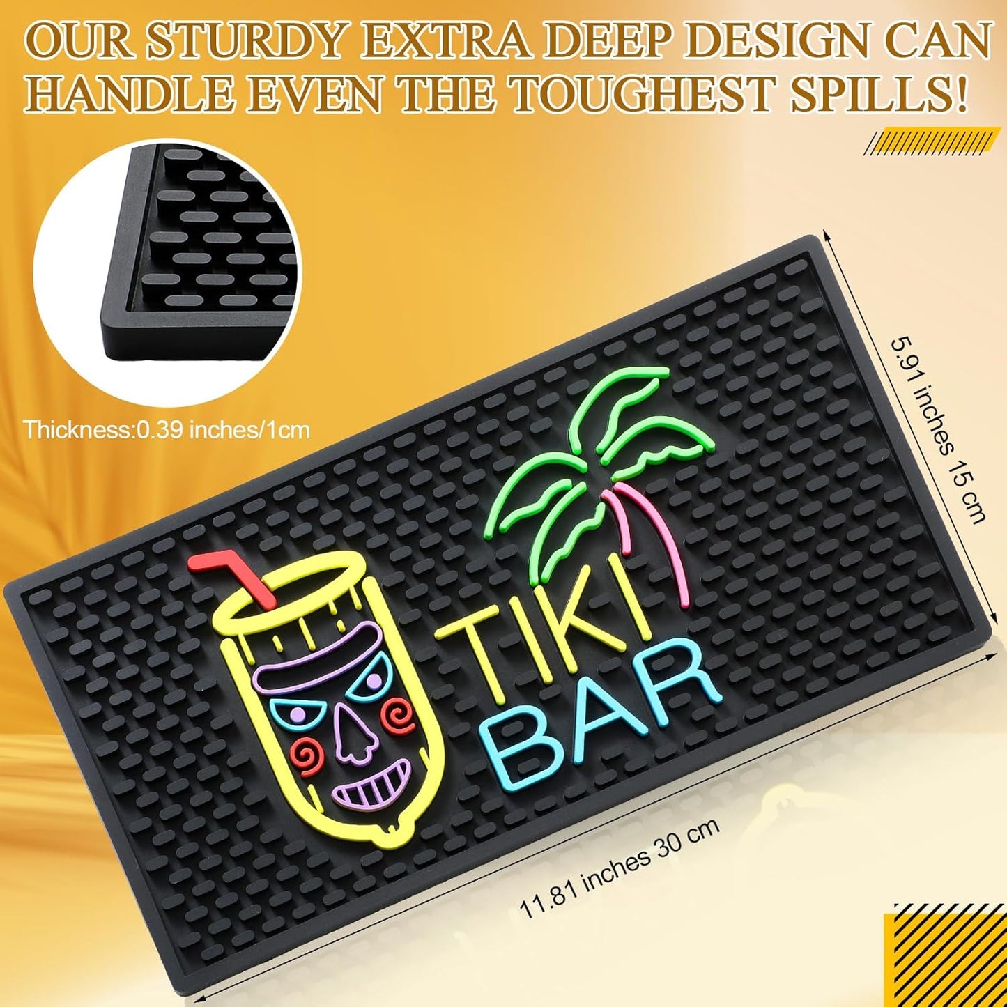 Tiki Bar Mat 6 x 12 Inches, Thick Rubber Non Slip Bar Mat with Fluorescent Pattern for Countertop Entertaining