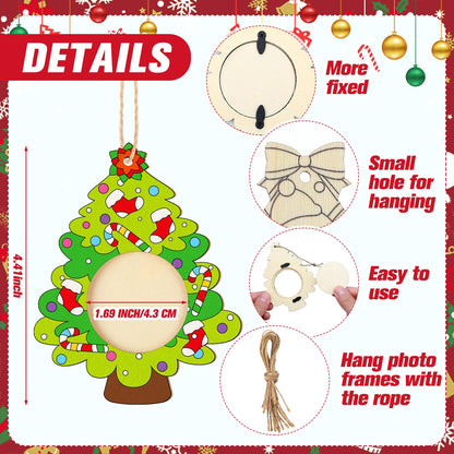 Qunclay 12 Pcs Unfinished Wood Christmas Picture Frame 12 Styles DIY Christmas Tree Photo Frame Wooden Ornaments with Paint Set for Xmas Tree Home Decoration