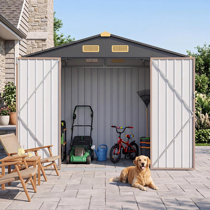 IRONCK 6×8 FT Shed, Galvanized Steel Tool Storage Shed with Lockable Double Doors & Ventilation, Outdoor Utility Storage for Wheelbarrow, Bikes, Yard Bins, Black Brown