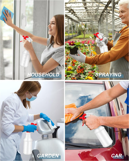 Eccliy 20 Pack 16oz Empty Spray Bottles, Leakproof Cleaning Bottles with Measurement and Adjustable Nozzle for Housekeeping, Commercial Use(Cylinder,Red White Spray Head)