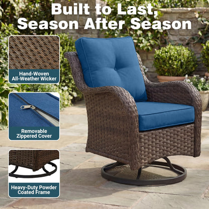 SAILARY Patio Furniture Set, 3PCS Outdoor Wicker Conversation Set Porch Furniture with 6" Thick Cushions, High Back Swivel Chairs, Weather Resistant Olefin Fabric for Garden, Poolside, Navy Blue