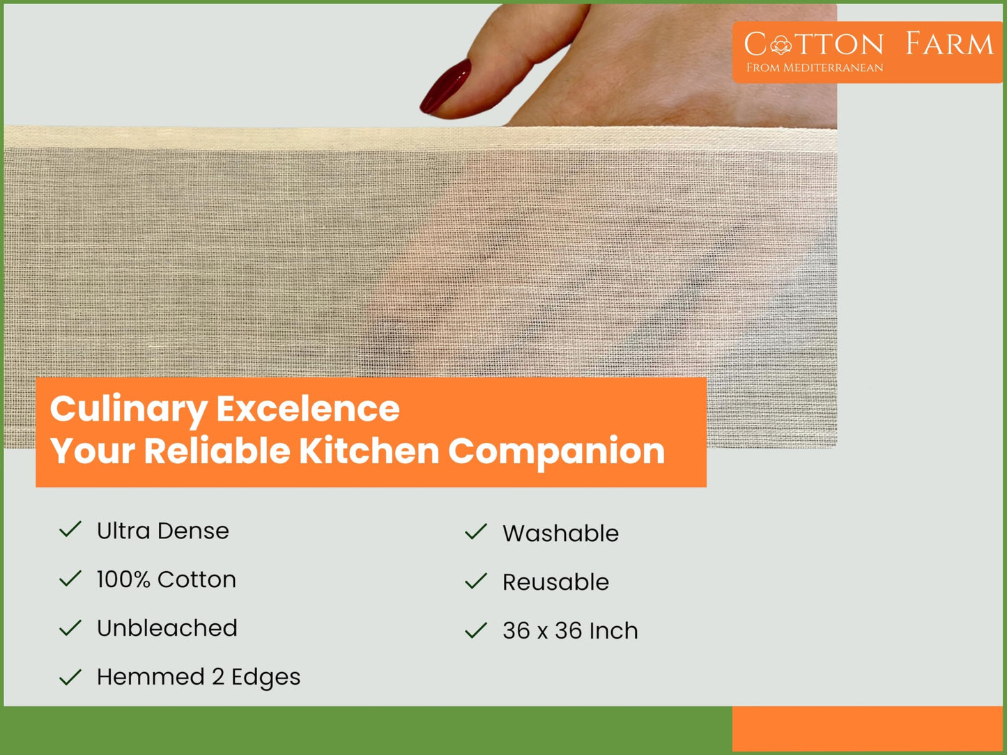 Cotton Farm Grade 100 XL Cheese Cloths - Straining & More; 36x36 Inch; 100% Unbleached Cotton Cheesecloth; Reusable with Hemmed 2 Edges; Ultra-Dense (the finest) Butter Muslin