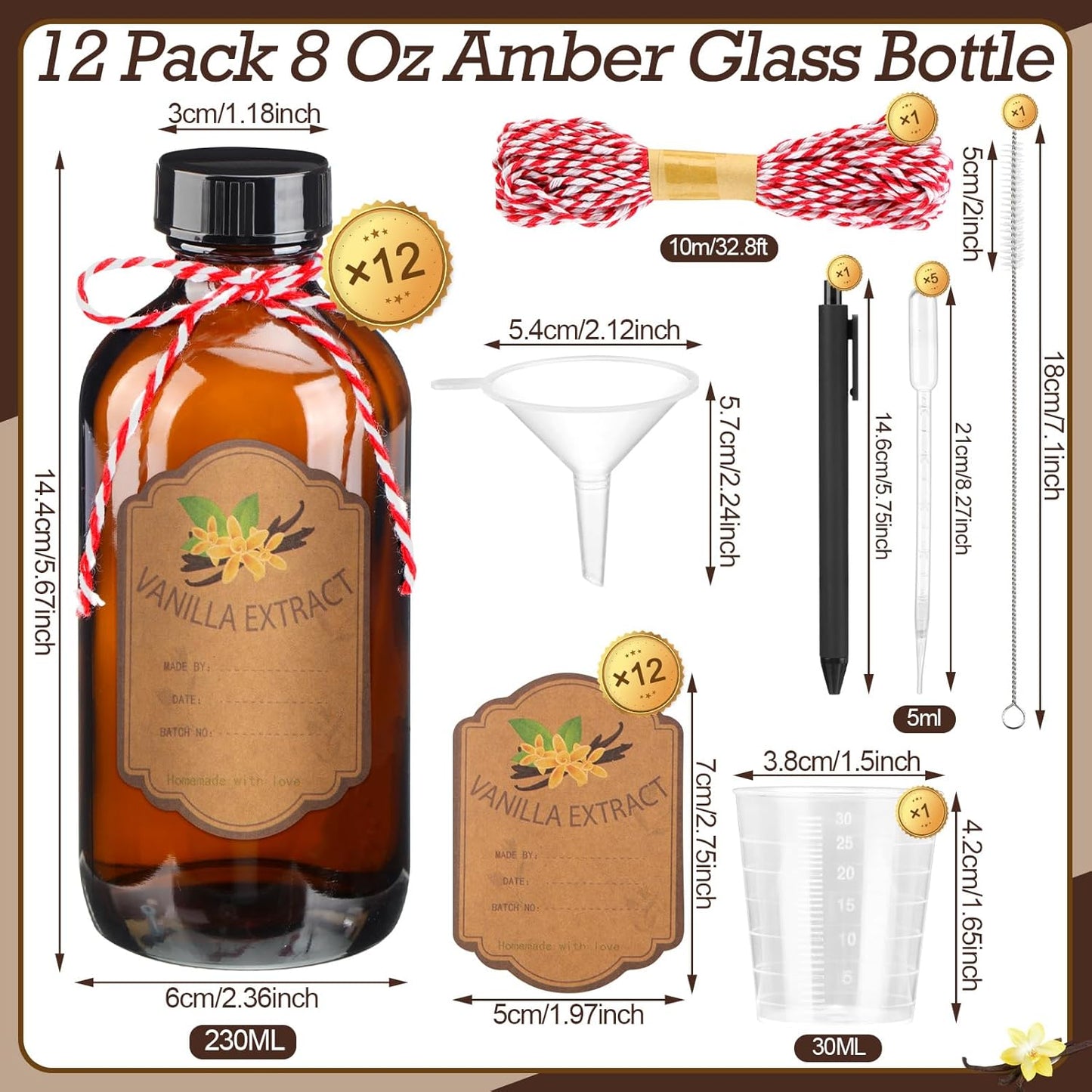 12 Pack 8 oz (8 oz) ProSuites Amber Vanilla Extract Bottles Vanilla Glass Bottles for Vanilla Extract Homemade Amber